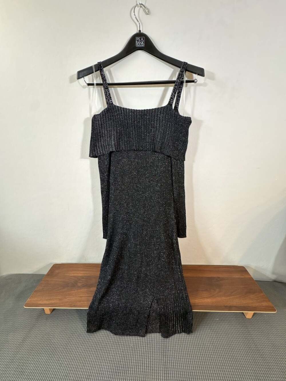 Almost Famous Women's Black Metallic Ribbed Knit Midi Dress with Slit